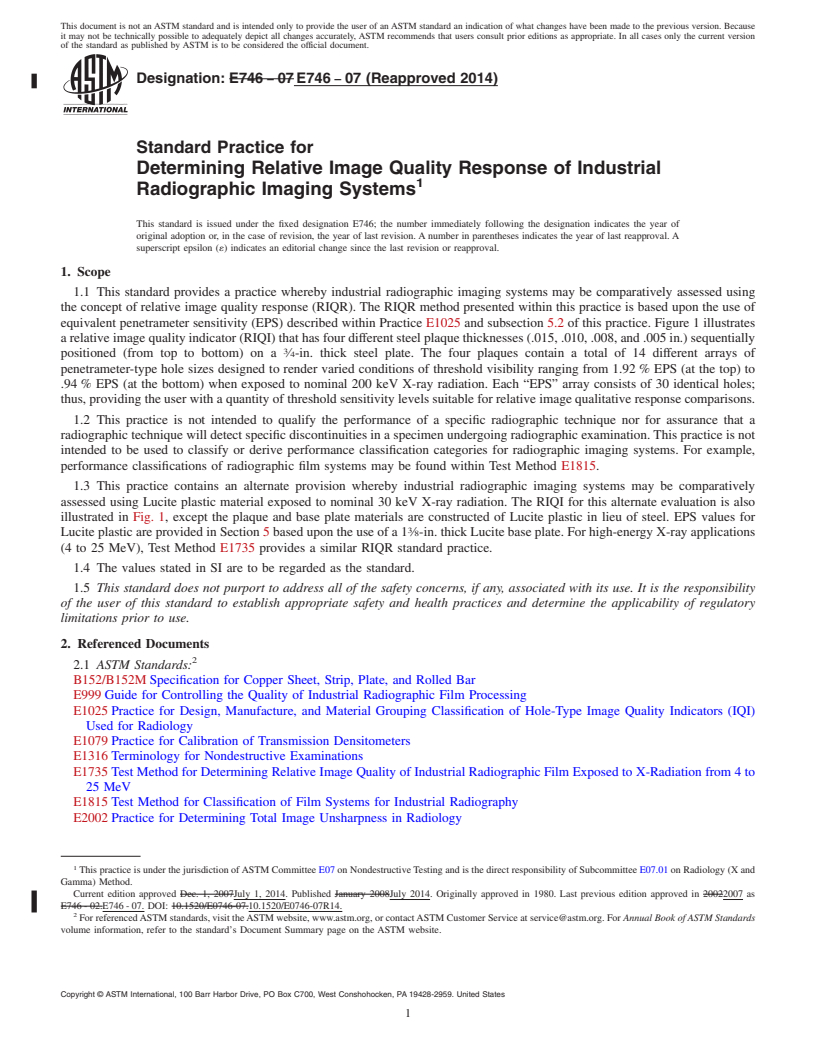 REDLINE ASTM E746-07(2014) - Standard Practice for  Determining Relative Image Quality Response of Industrial Radiographic  Imaging Systems