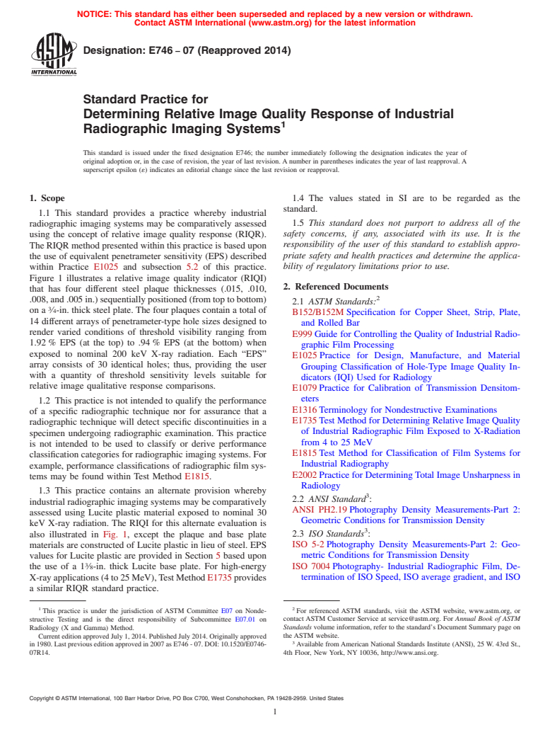 ASTM E746-07(2014) - Standard Practice for  Determining Relative Image Quality Response of Industrial Radiographic  Imaging Systems