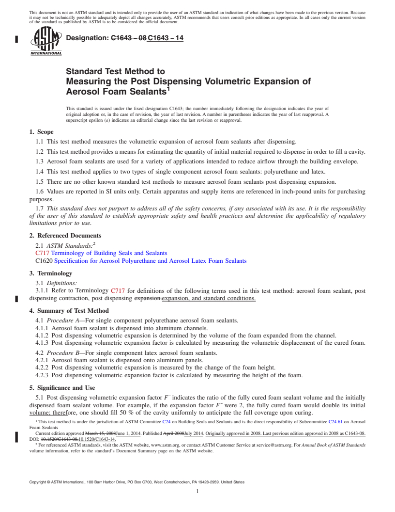 REDLINE ASTM C1643-14 - Standard Test Method to  Measuring the Post Dispensing Volumetric Expansion of Aerosol  Foam Sealants