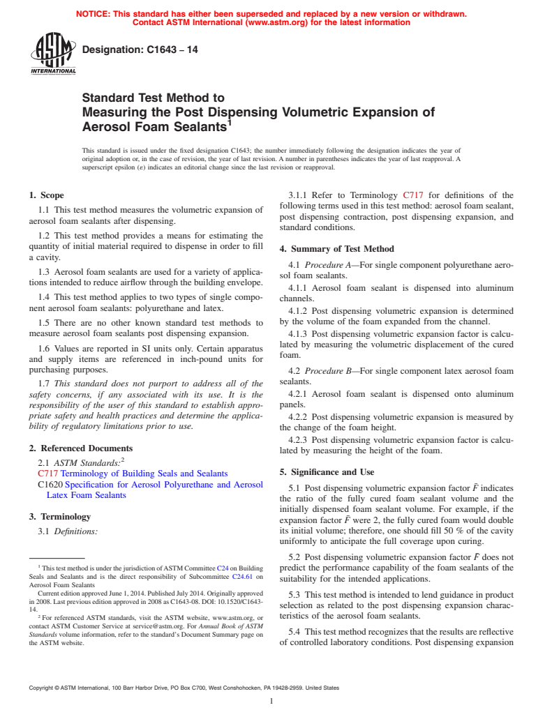 ASTM C1643-14 - Standard Test Method to  Measuring the Post Dispensing Volumetric Expansion of Aerosol  Foam Sealants