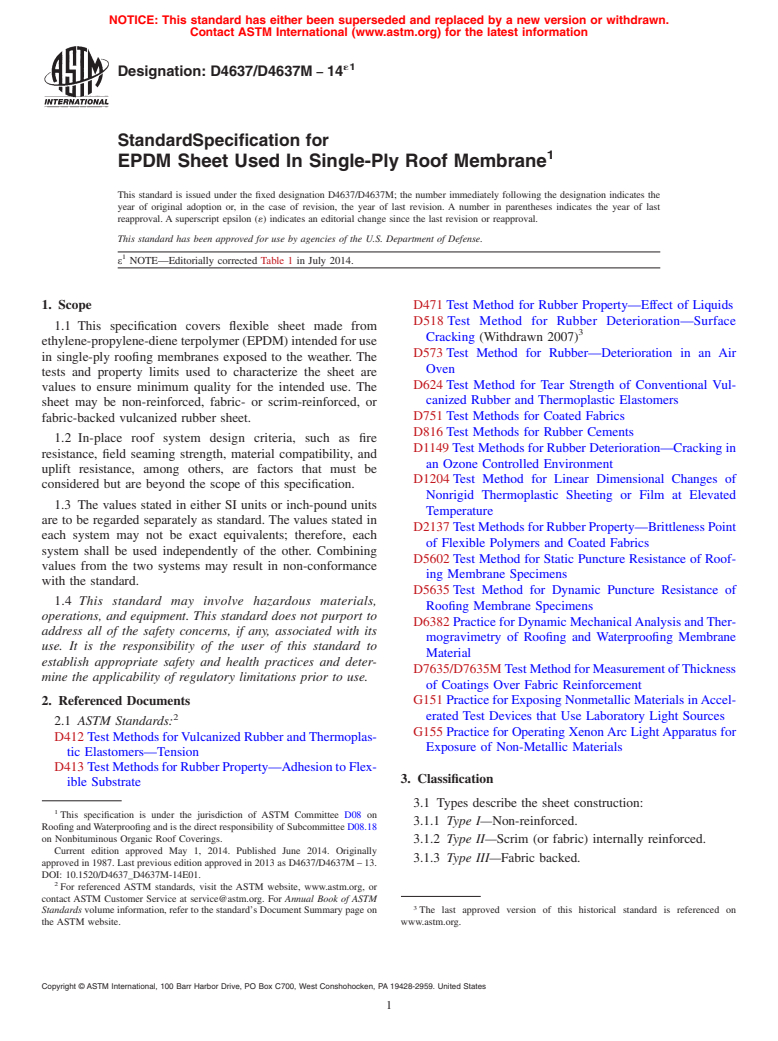 ASTM D4637/D4637M-14e1 - Standard Specification for  EPDM Sheet Used In Single-Ply Roof Membrane