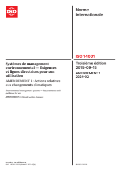 ISO 14001:2015/Amd 1:2024 - Systèmes de management environnemental — Exigences et lignes directrices pour son utilisation — Amendement 1: Actions relatives aux changements climatiques
Released:23. 02. 2024 - Page 1 preview