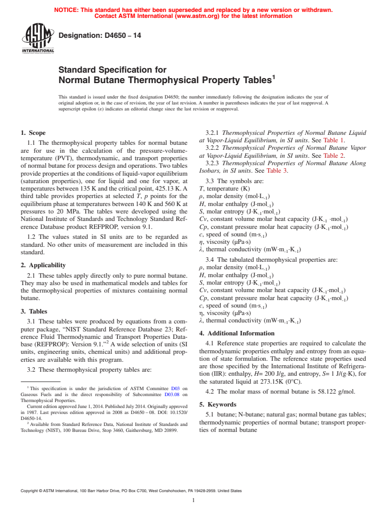 ASTM D4650-14 - Standard Specification for  Normal Butane Thermophysical Property Tables