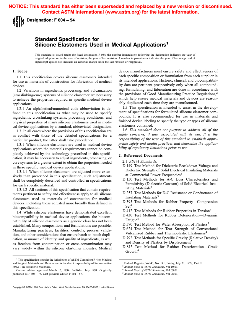 ASTM F604-94 - Specification for Silicone Elastomers Used in Medical Applications (Withdrawn 2001)