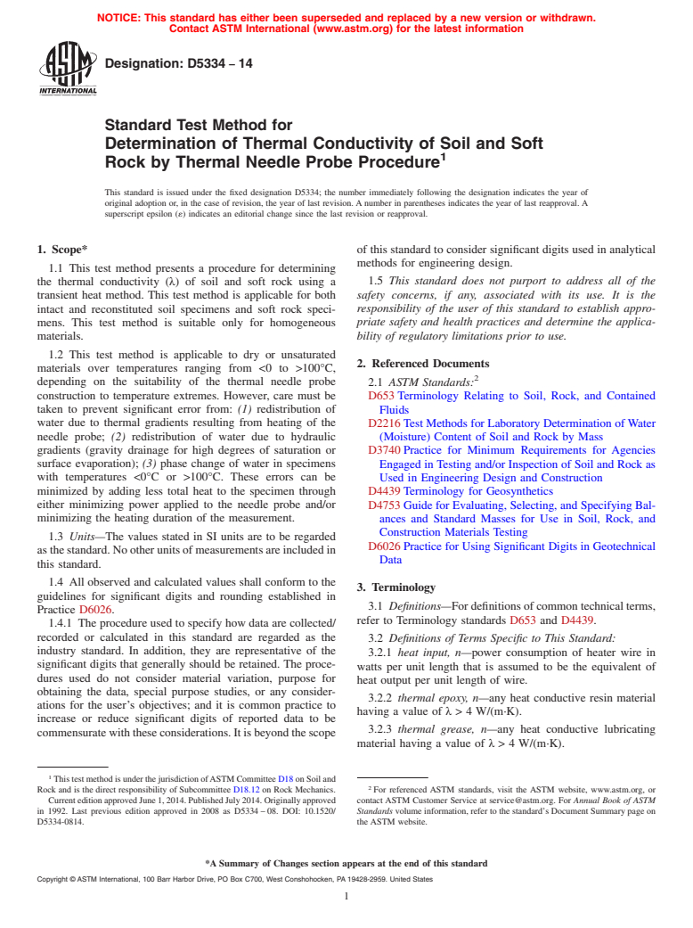 ASTM D5334-14 - Standard Test Method for Determination of Thermal Conductivity of Soil and Soft Rock  by Thermal Needle Probe Procedure