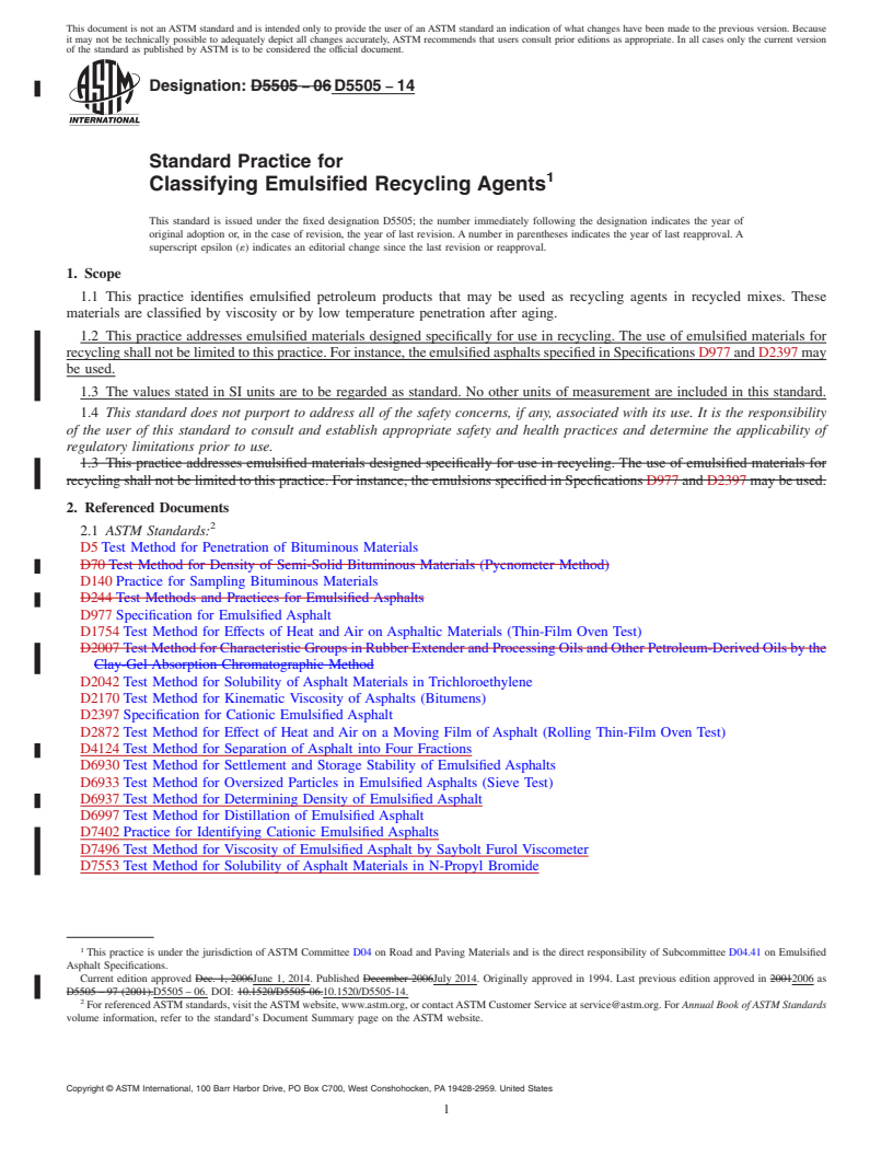 REDLINE ASTM D5505-14 - Standard Practice for  Classifying Emulsified Recycling Agents