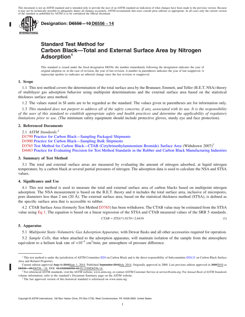 REDLINE ASTM D6556-14 - Standard Test Method for  Carbon Black&mdash;Total and External Surface Area by Nitrogen  Adsorption