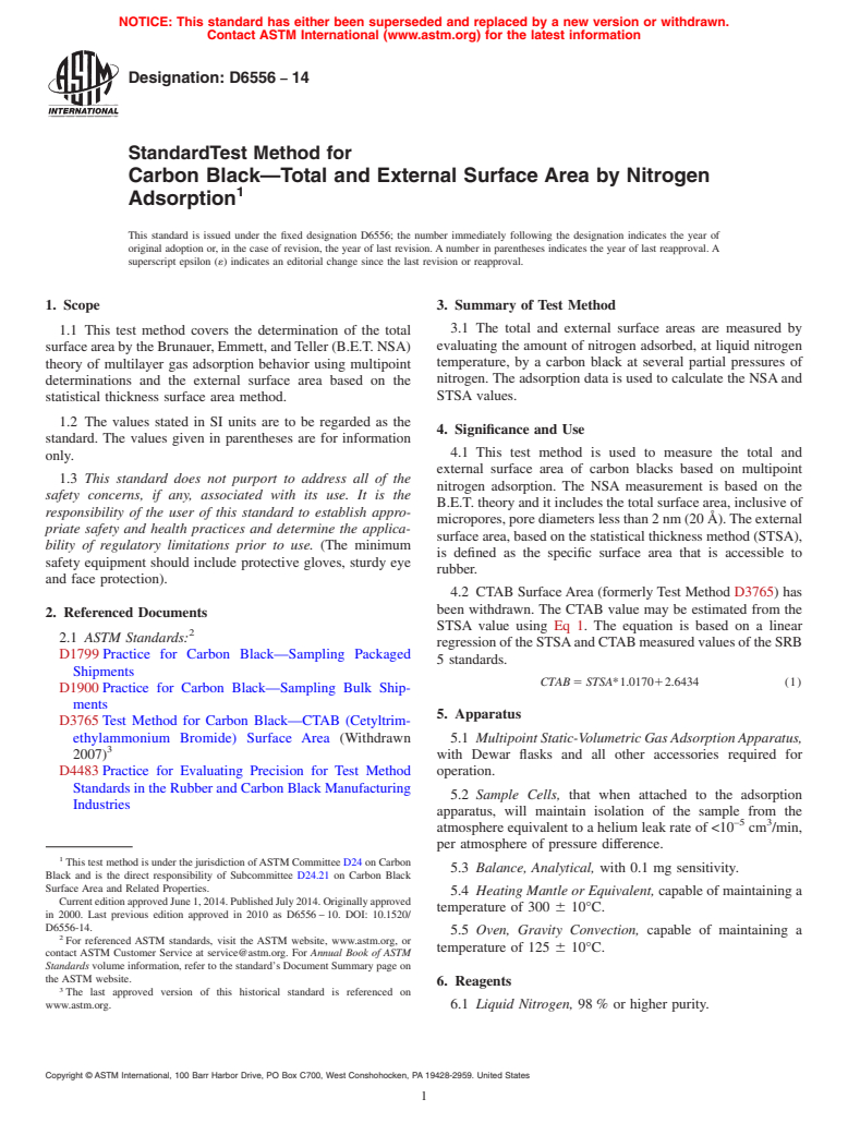 ASTM D6556-14 - Standard Test Method for  Carbon Black&mdash;Total and External Surface Area by Nitrogen  Adsorption