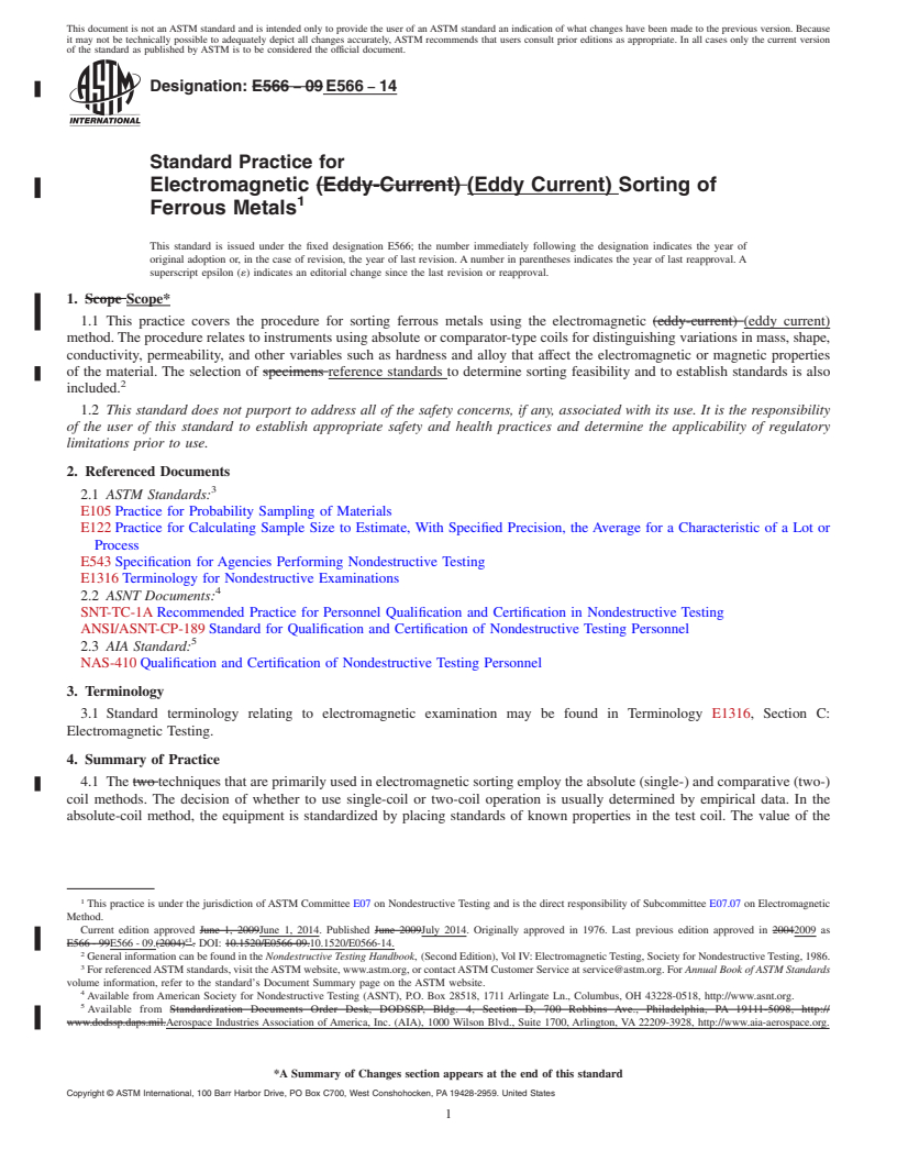 REDLINE ASTM E566-14 - Standard Practice for  Electromagnetic &#40;Eddy Current&#41; Sorting of Ferrous Metals