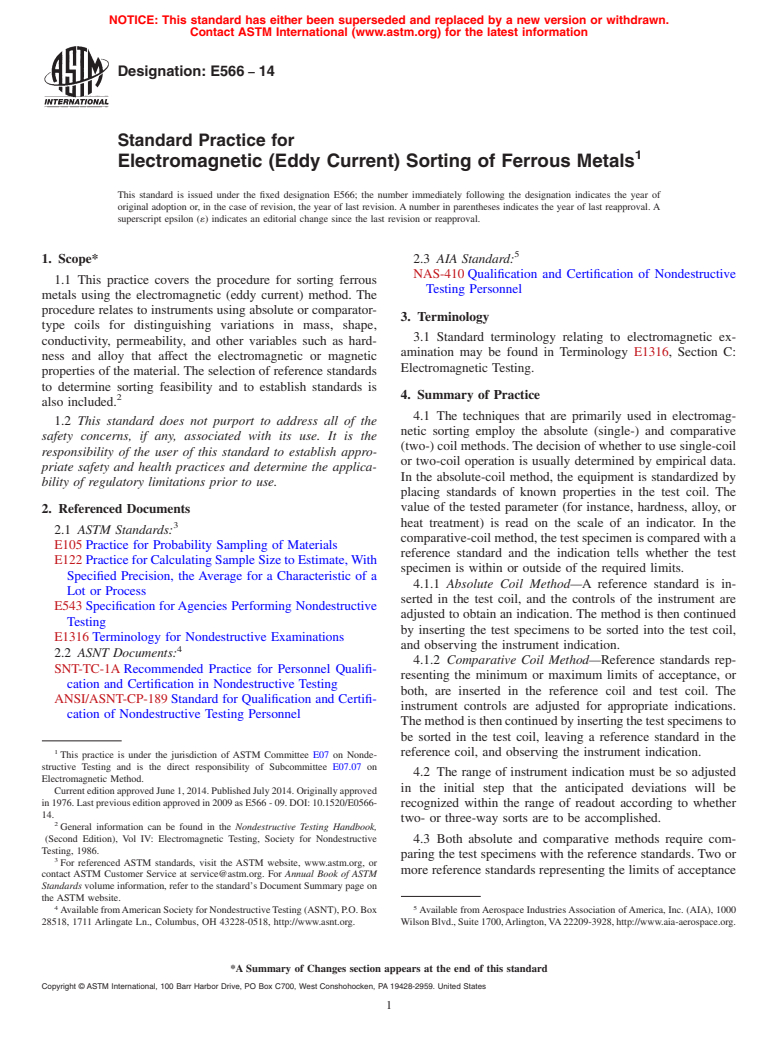 ASTM E566-14 - Standard Practice for  Electromagnetic &#40;Eddy Current&#41; Sorting of Ferrous Metals