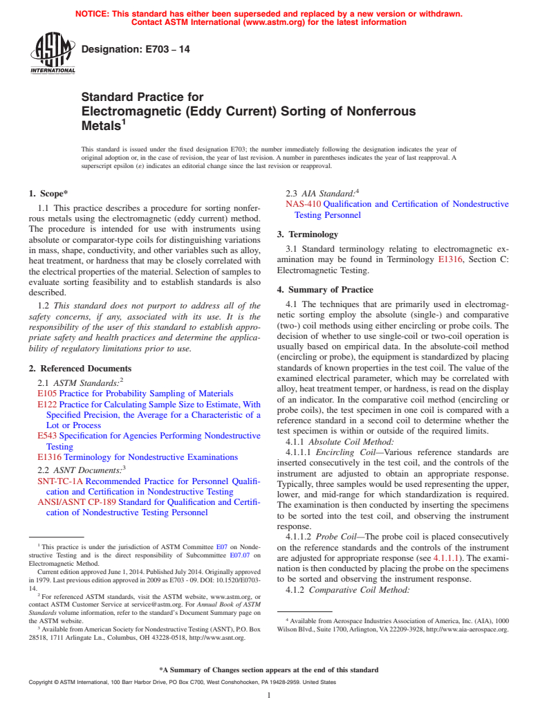 ASTM E703-14 - Standard Practice for  Electromagnetic &#40;Eddy Current&#41; Sorting of Nonferrous Metals