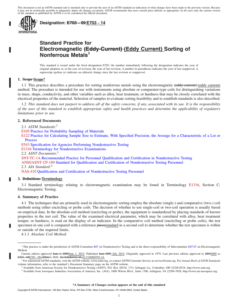 REDLINE ASTM E703-14 - Standard Practice for  Electromagnetic &#40;Eddy Current&#41; Sorting of Nonferrous Metals