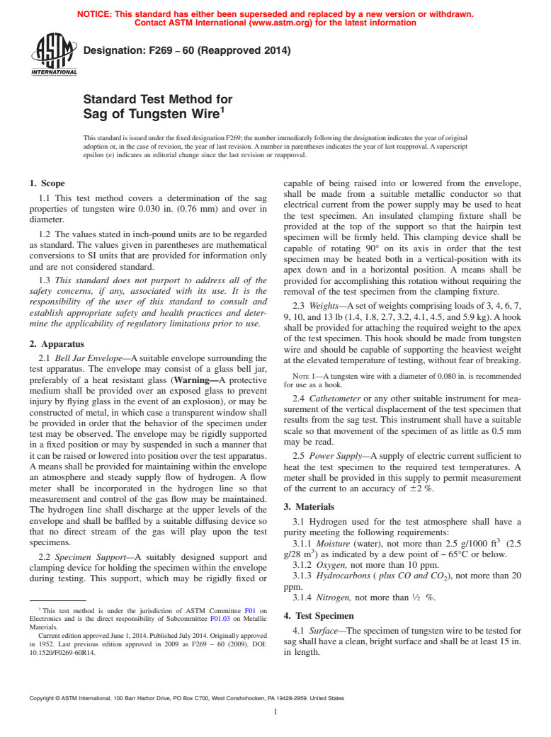 ASTM F269-60(2014) - Standard Test Method for  Sag of Tungsten Wire