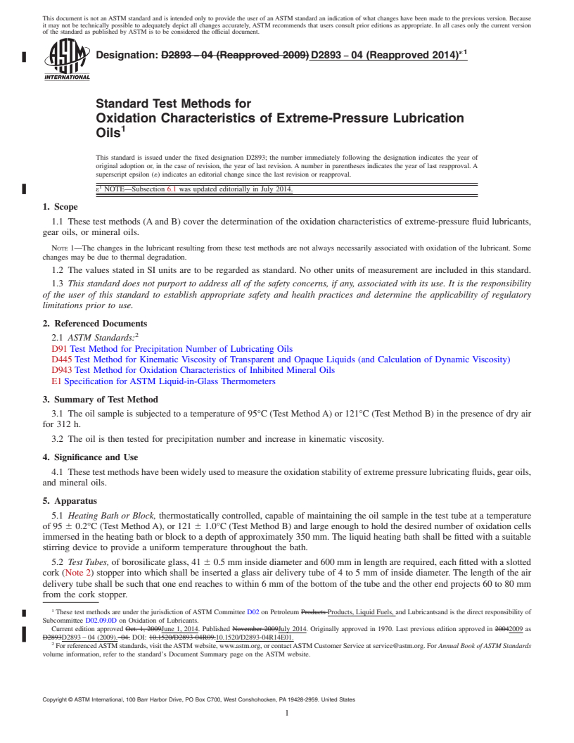 REDLINE ASTM D2893-04(2014)e1 - Standard Test Method for Oxidation Characteristics of Extreme-Pressure Lubrication Oils