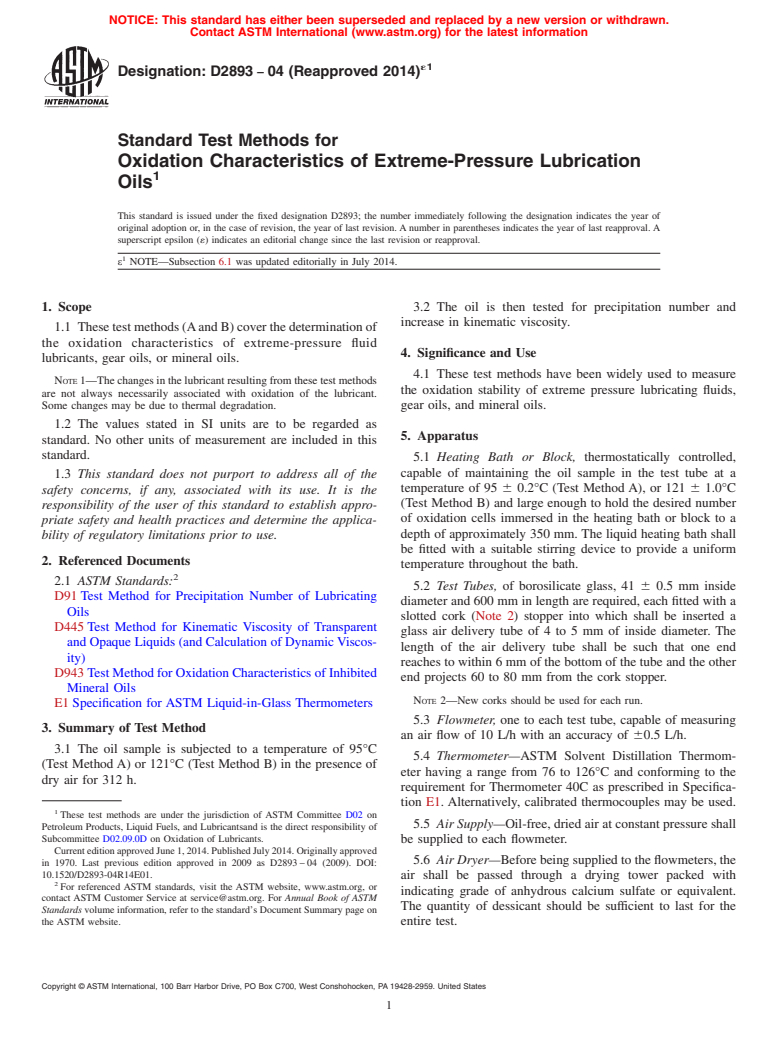 ASTM D2893-04(2014)e1 - Standard Test Method for Oxidation Characteristics of Extreme-Pressure Lubrication Oils