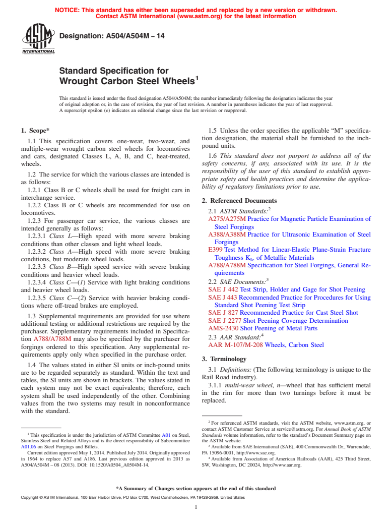 ASTM A504/A504M-14 - Standard Specification for Wrought Carbon Steel Wheels