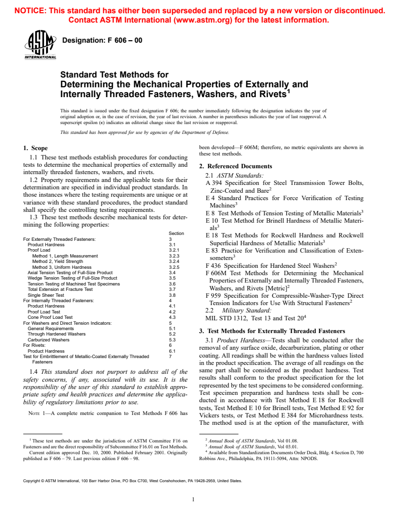 ASTM F606-00 - Standard Test Methods for Determining the Mechanical Properties of Externally and Internally Threaded Fasteners, Washers, and Rivets