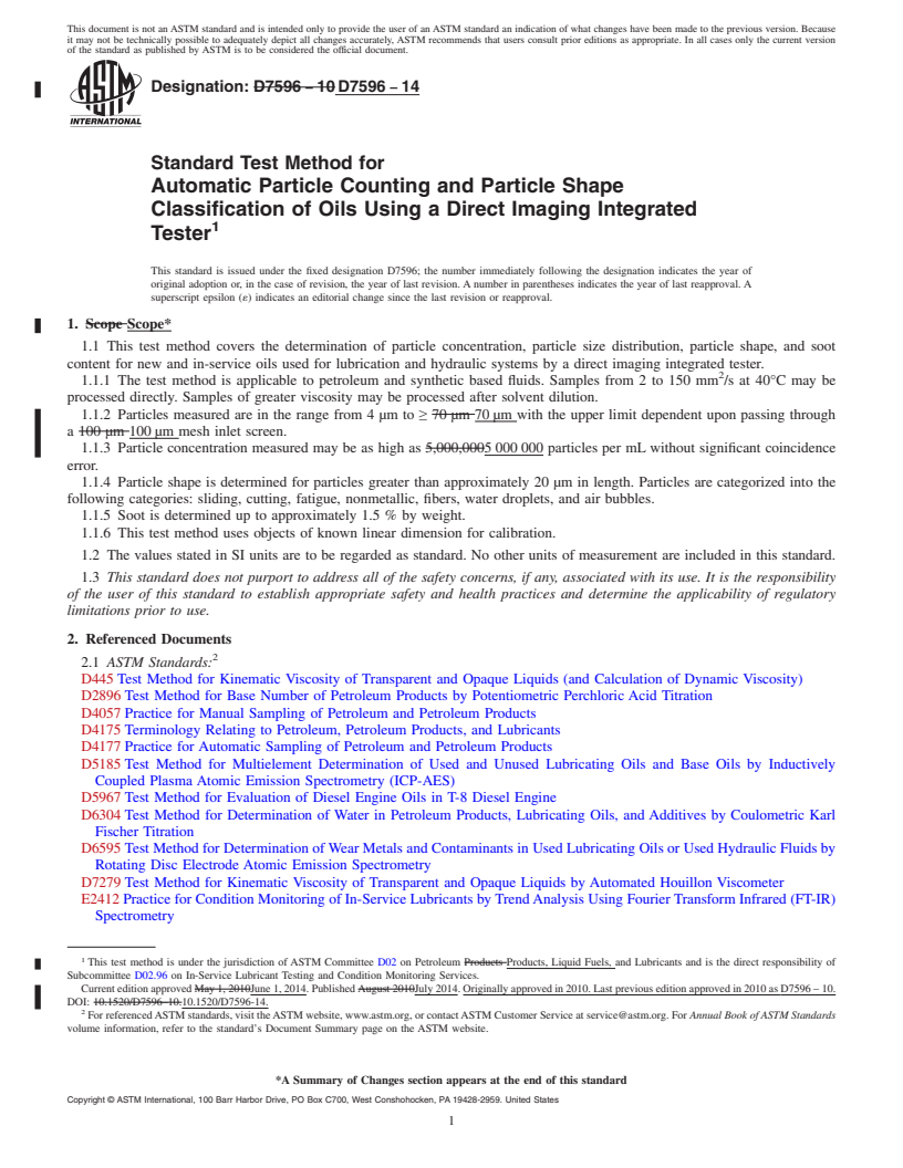 REDLINE ASTM D7596-14 - Standard Test Method for  Automatic Particle Counting and Particle Shape Classification  of Oils Using a Direct Imaging Integrated Tester