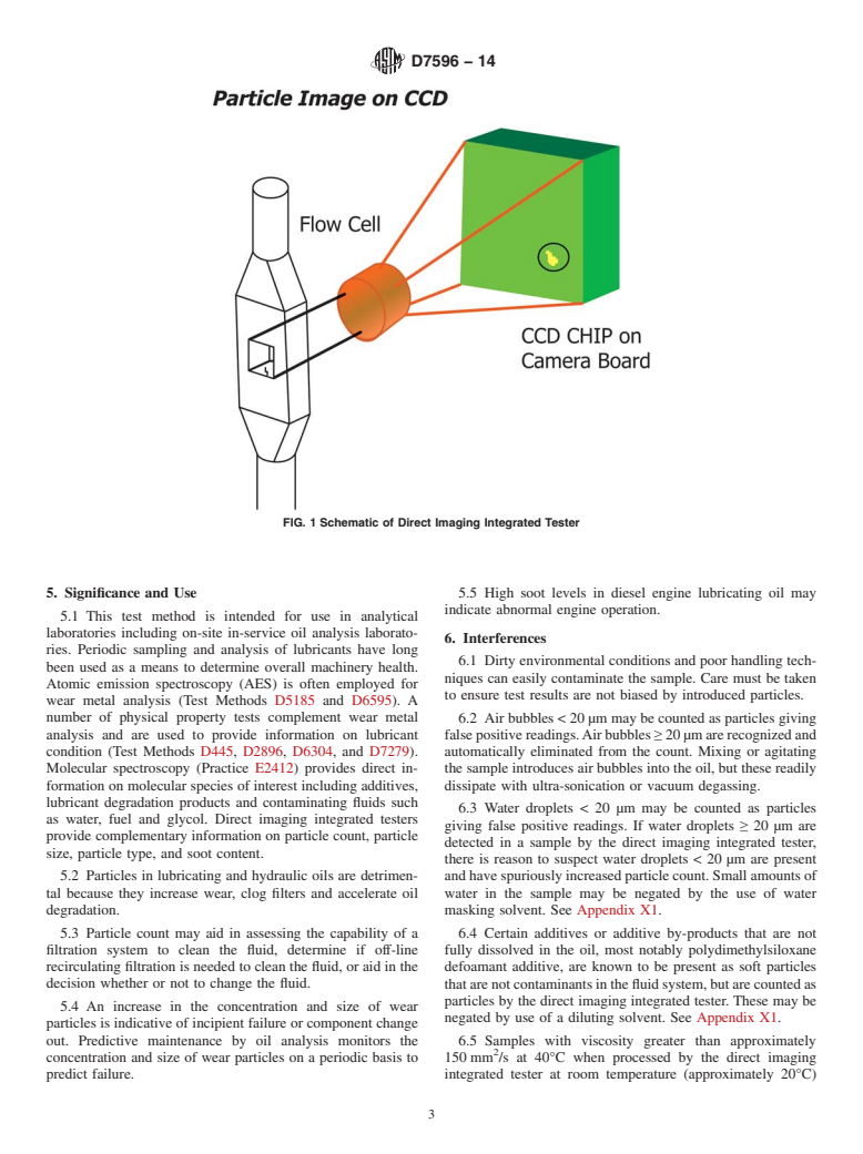 ASTM D7596-14 - Standard Test Method for  Automatic Particle Counting and Particle Shape Classification  of Oils Using a Direct Imaging Integrated Tester