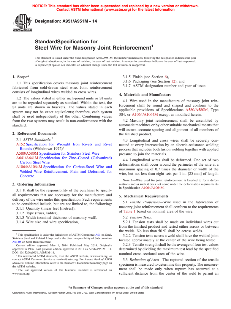 ASTM A951/A951M-14 - Standard Specification for  Steel Wire for Masonry Joint Reinforcement