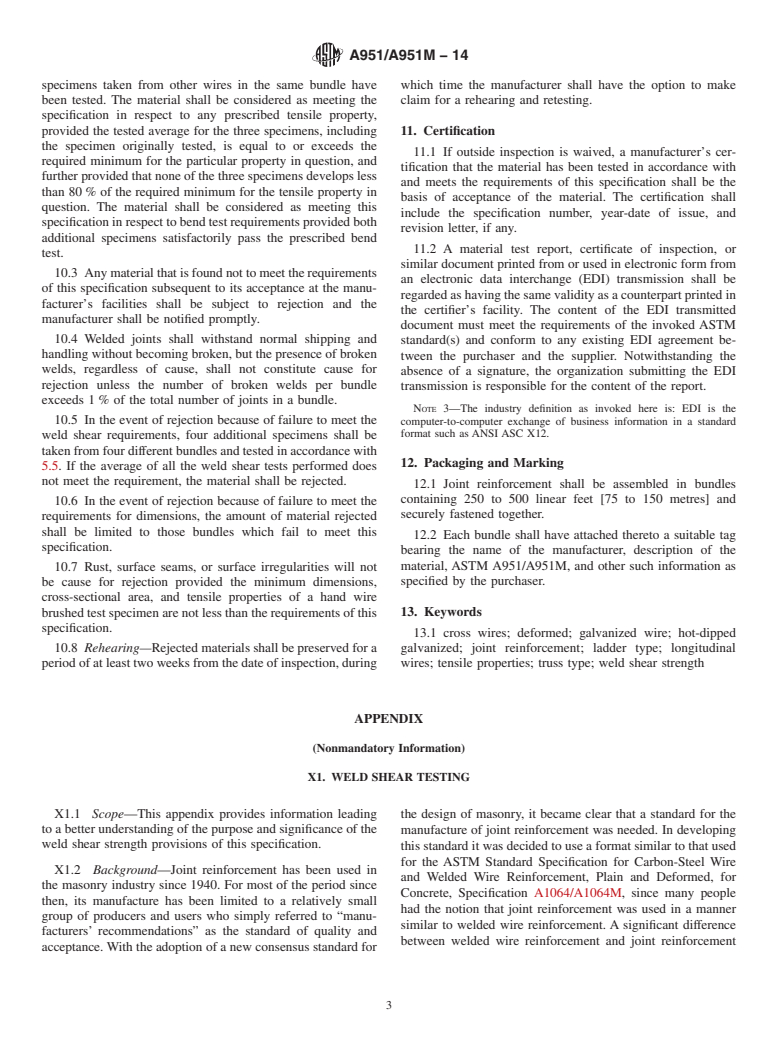 ASTM A951/A951M-14 - Standard Specification for  Steel Wire for Masonry Joint Reinforcement