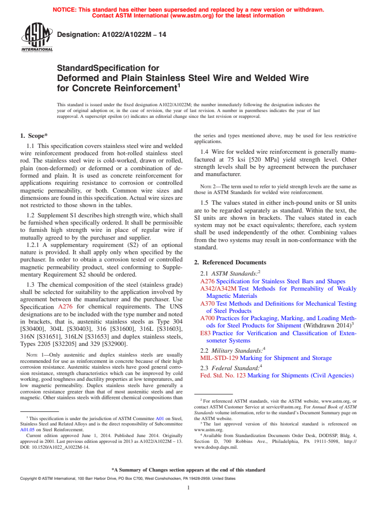 ASTM A1022/A1022M-14 - Standard Specification for  Deformed and Plain Stainless Steel Wire and Welded Wire for  Concrete Reinforcement