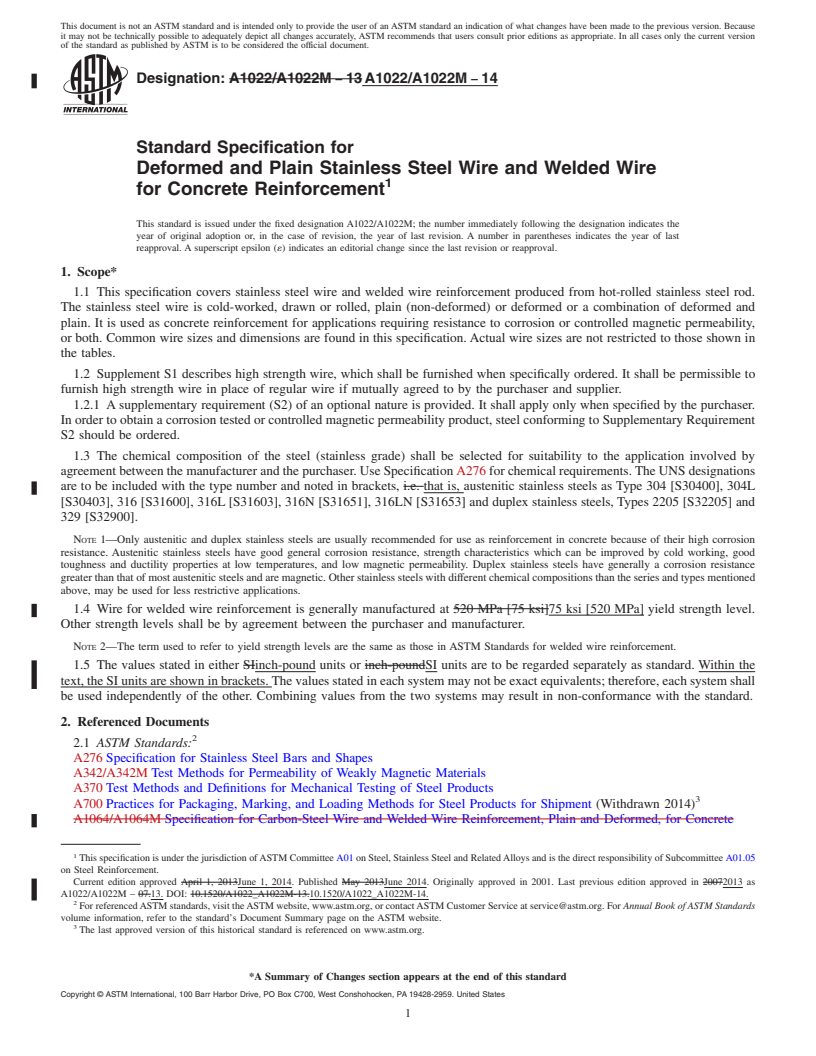 REDLINE ASTM A1022/A1022M-14 - Standard Specification for  Deformed and Plain Stainless Steel Wire and Welded Wire for  Concrete Reinforcement