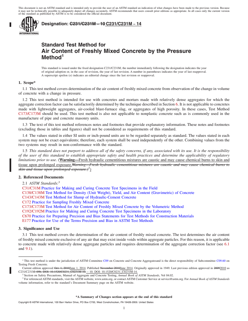 REDLINE ASTM C231/C231M-14 - Standard Test Method for  Air Content of Freshly Mixed Concrete by the Pressure Method