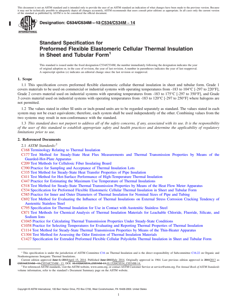 REDLINE ASTM C534/C534M-14 - Standard Specification for  Preformed Flexible Elastomeric Cellular Thermal Insulation  in Sheet and Tubular Form