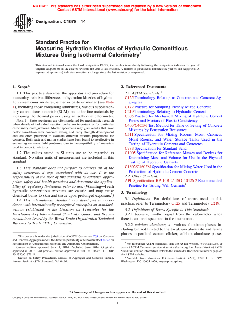 ASTM C1679-14 - Standard Practice for  Measuring Hydration Kinetics of Hydraulic Cementitious Mixtures  Using Isothermal Calorimetry