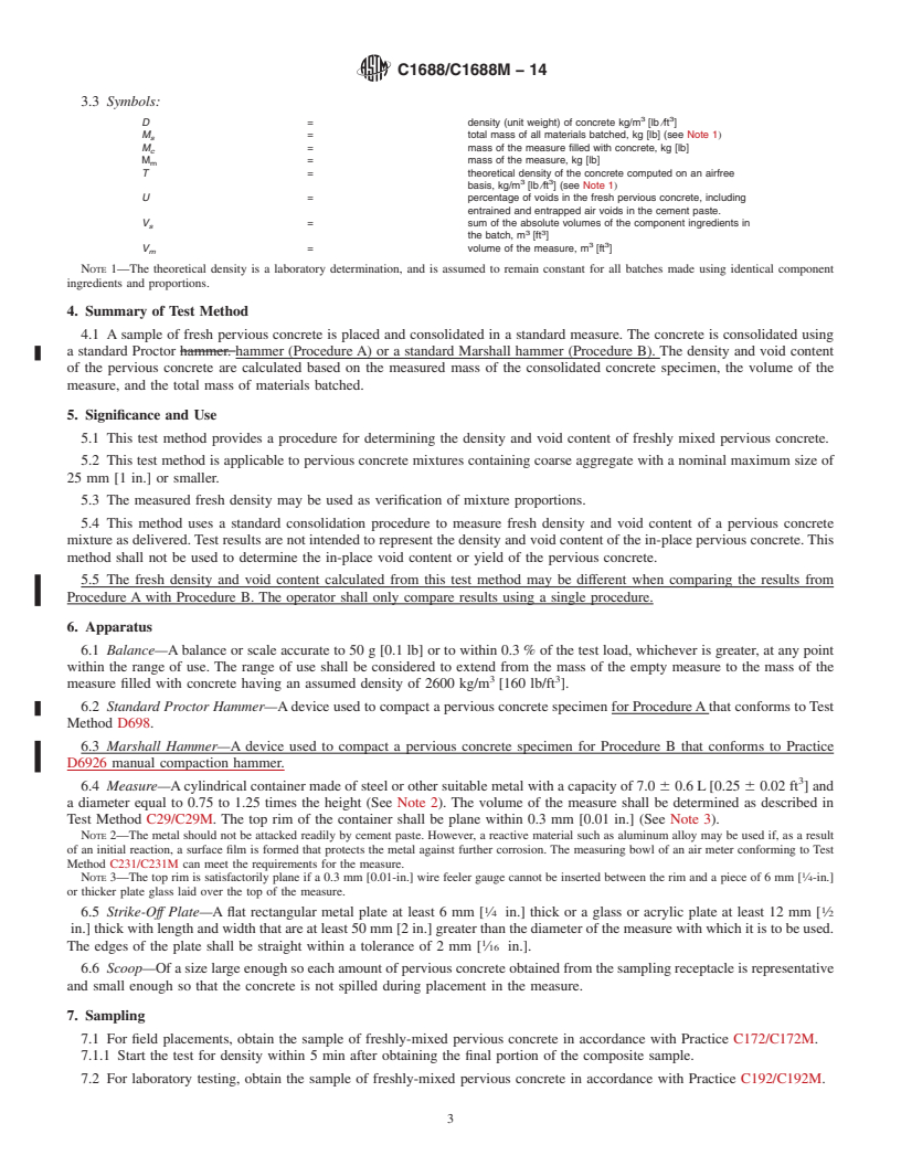 REDLINE ASTM C1688/C1688M-14 - Standard Test Method for  Density and Void Content of Freshly Mixed Pervious Concrete