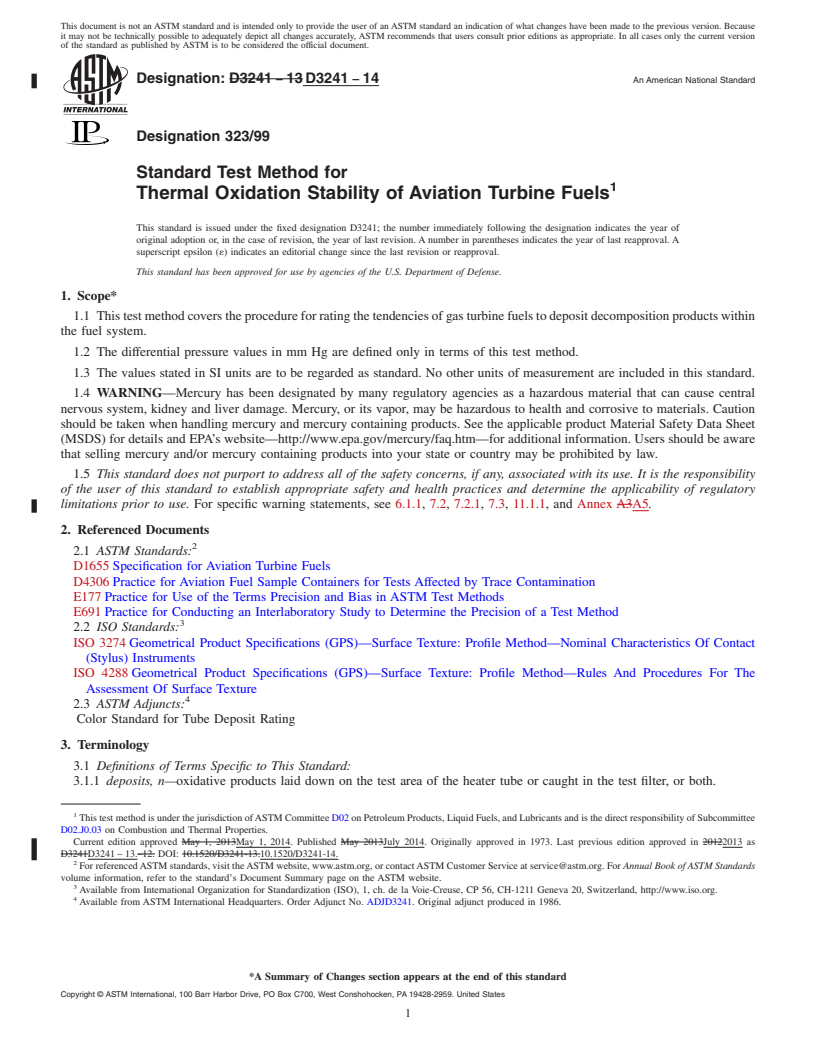 REDLINE ASTM D3241-14 - Standard Test Method for Thermal Oxidation Stability of Aviation Turbine Fuels