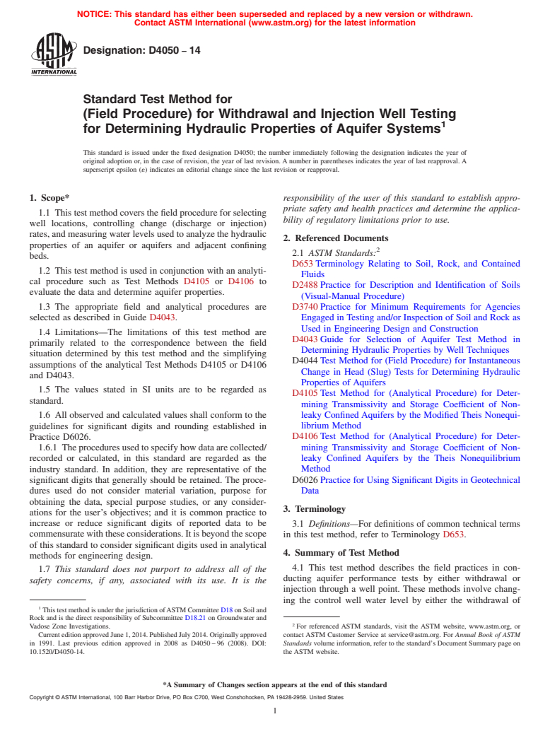 ASTM D4050-14 - Standard Test Method for  &#40;Field Procedure&#41; for Withdrawal and Injection Well Testing  for Determining Hydraulic Properties of Aquifer Systems