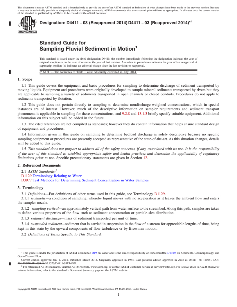 REDLINE ASTM D4411-03(2014)e1 - Standard Guide for  Sampling Fluvial Sediment in Motion