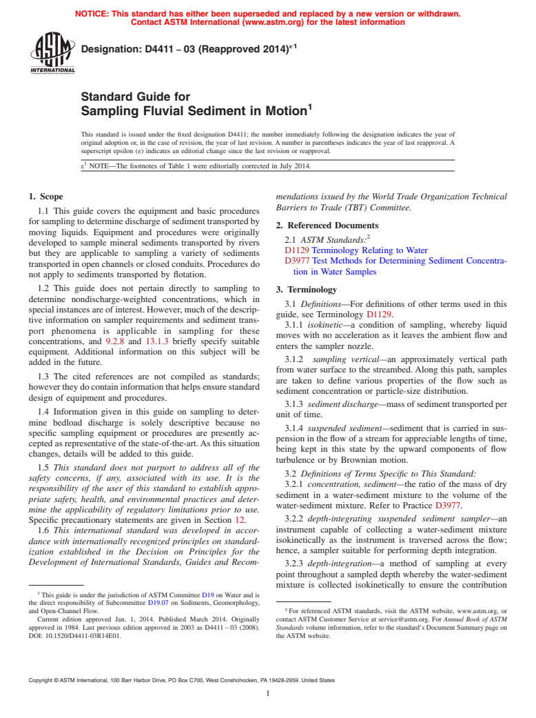 ASTM D4411-03(2014)e1 - Standard Guide for  Sampling Fluvial Sediment in Motion