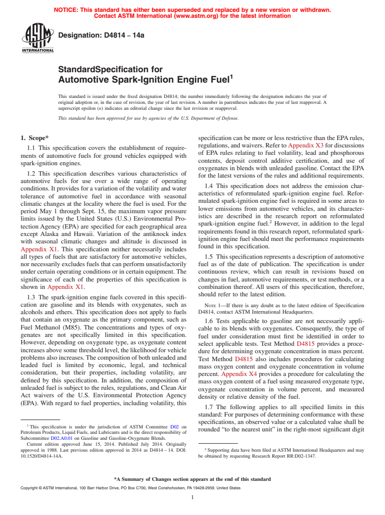 ASTM D4814-14a - Standard Specification for Automotive Spark-Ignition Engine Fuel