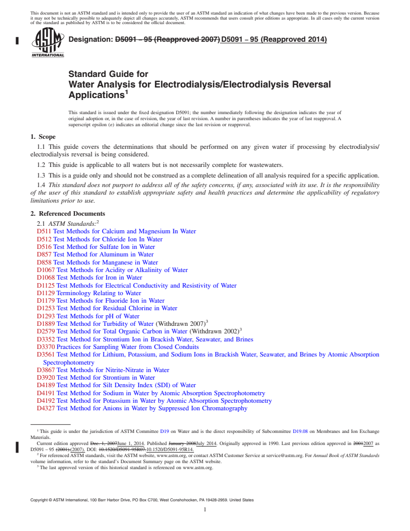 REDLINE ASTM D5091-95(2014) - Standard Guide for  Water Analysis for Electrodialysis/Electrodialysis Reversal  Applications (Withdrawn 2023)