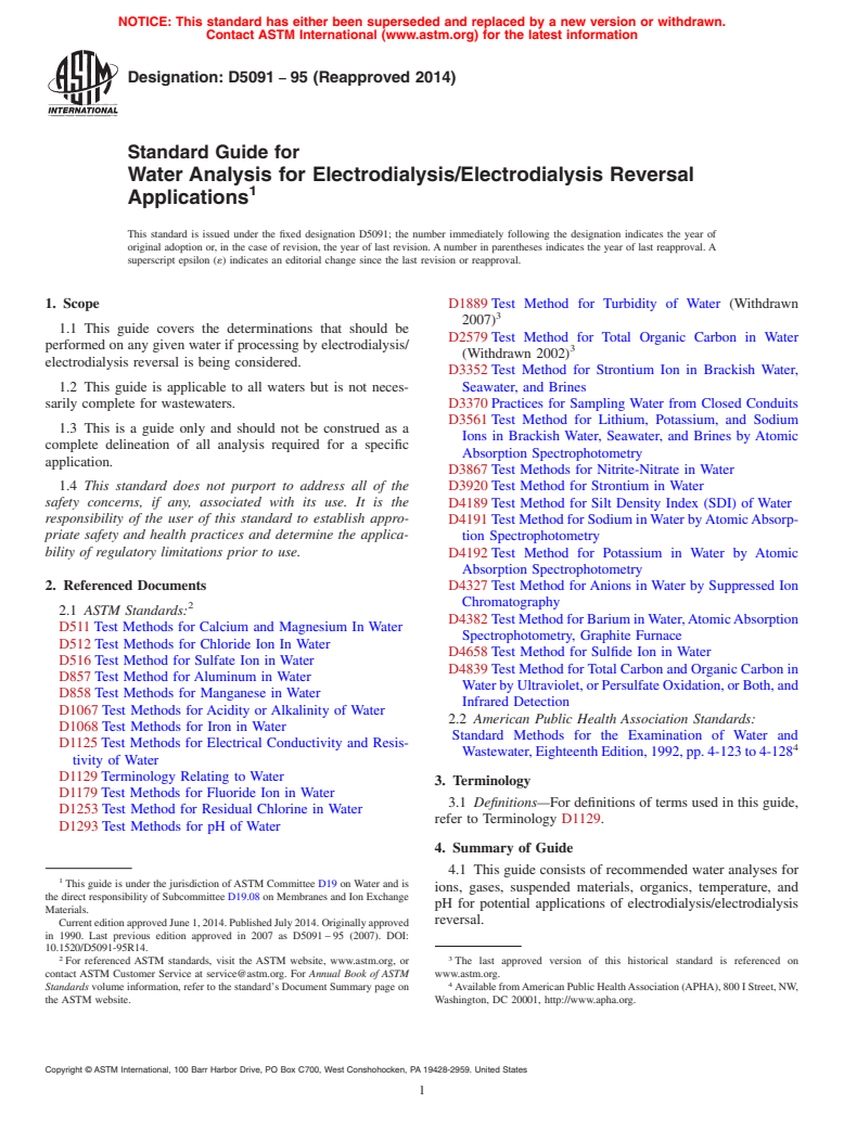 ASTM D5091-95(2014) - Standard Guide for  Water Analysis for Electrodialysis/Electrodialysis Reversal  Applications (Withdrawn 2023)