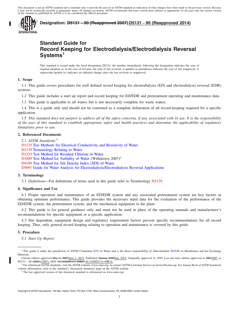 REDLINE ASTM D5131-90(2014) - Standard Guide for  Record Keeping for Electrodialysis/Electrodialysis Reversal  Systems (Withdrawn 2023)