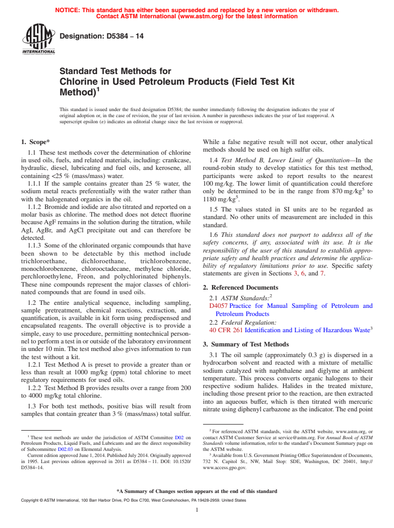 ASTM D5384-14 - Standard Test Methods for  Chlorine in Used Petroleum Products &#40;Field Test Kit Method&#41;