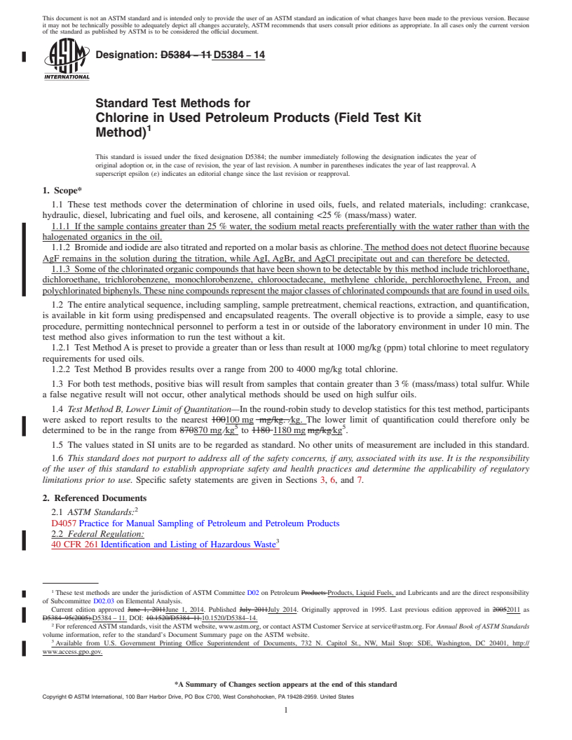 REDLINE ASTM D5384-14 - Standard Test Methods for  Chlorine in Used Petroleum Products &#40;Field Test Kit Method&#41;
