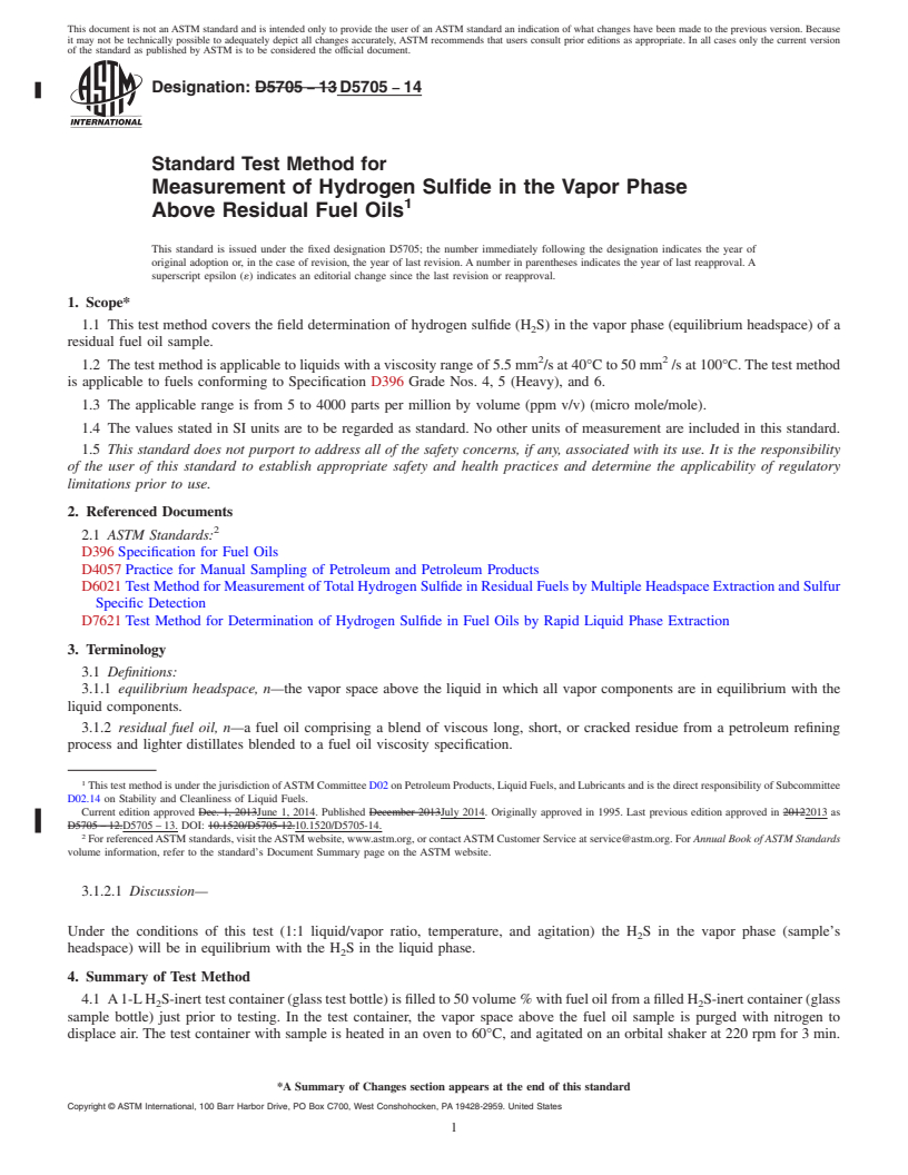 REDLINE ASTM D5705-14 - Standard Test Method for  Measurement of Hydrogen Sulfide in the Vapor Phase Above Residual  Fuel Oils