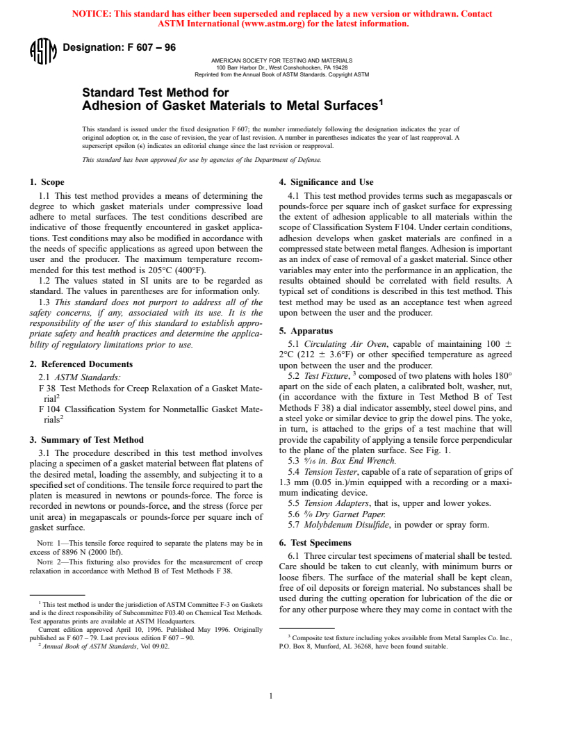 ASTM F607-96 - Standard Test Method for Adhesion of Gasket Materials to Metal Surfaces