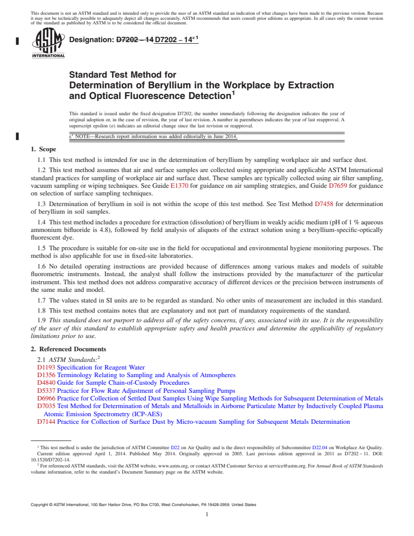 REDLINE ASTM D7202-14e1 - Standard Test Method for  Determination of Beryllium in the Workplace by Extraction and  Optical Fluorescence Detection