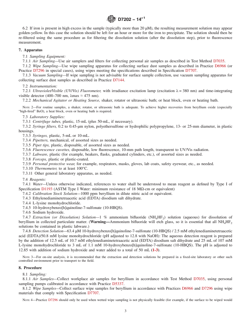 REDLINE ASTM D7202-14e1 - Standard Test Method for  Determination of Beryllium in the Workplace by Extraction and  Optical Fluorescence Detection