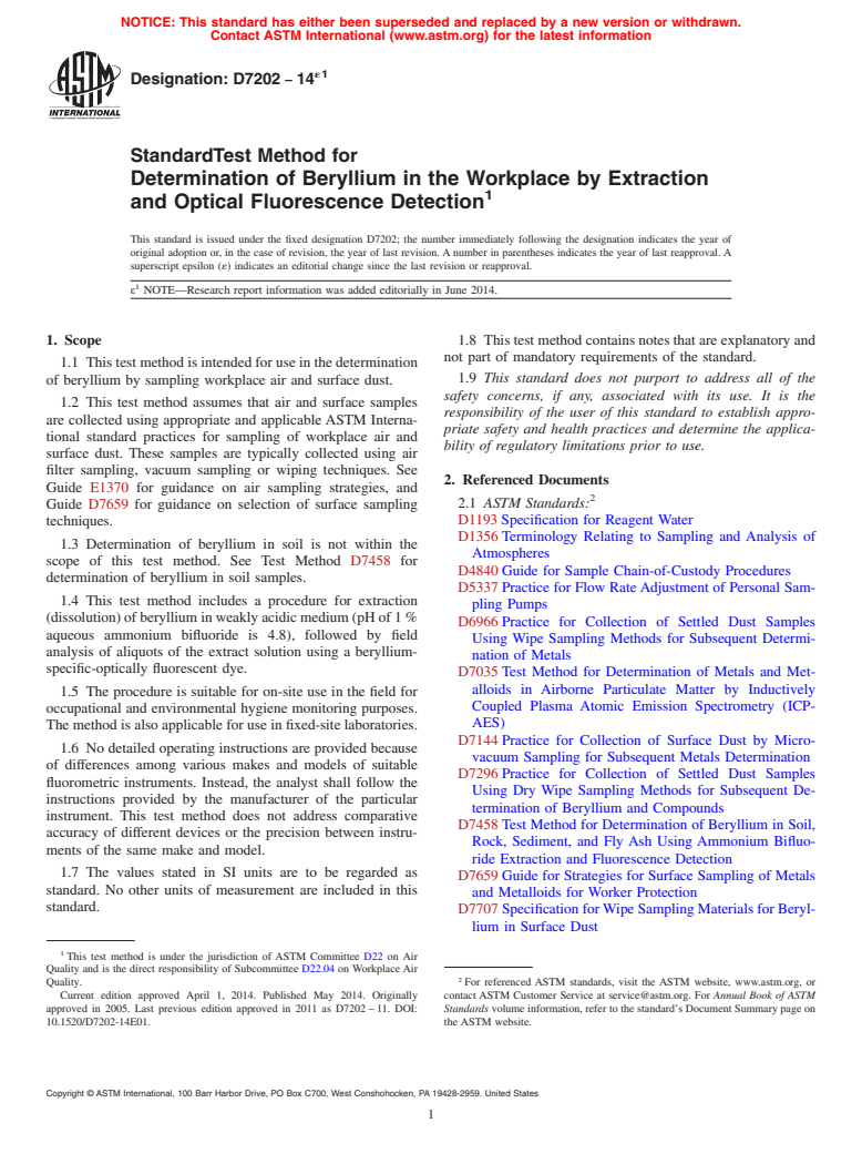 ASTM D7202-14e1 - Standard Test Method for  Determination of Beryllium in the Workplace by Extraction and  Optical Fluorescence Detection