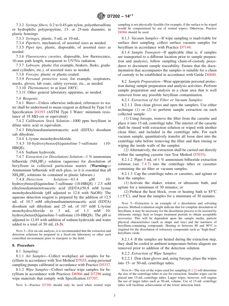 ASTM D7202-14e1 - Standard Test Method for  Determination of Beryllium in the Workplace by Extraction and  Optical Fluorescence Detection