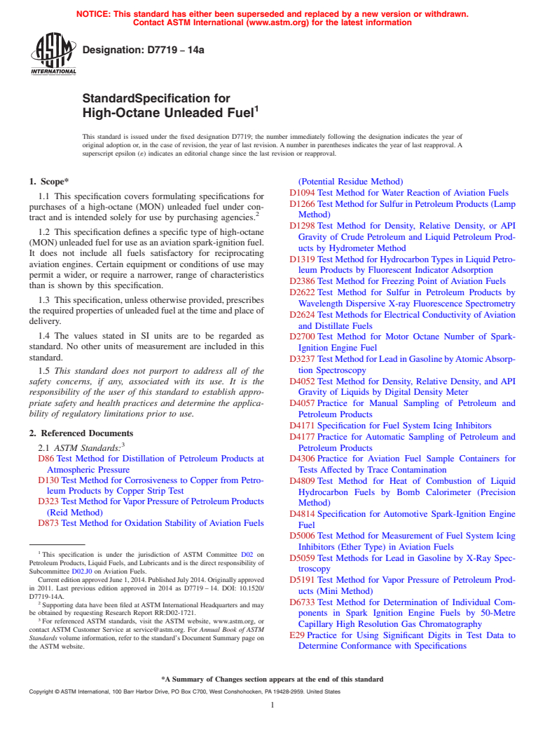 ASTM D7719-14a - Standard Specification for  High-Octane Unleaded Fuel