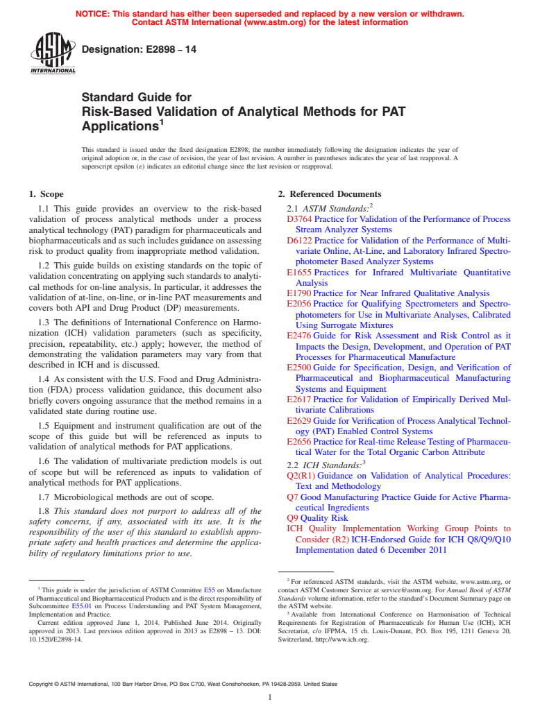 ASTM E2898-14 - Standard Guide for Risk-Based Validation of Analytical Methods for PAT Applications