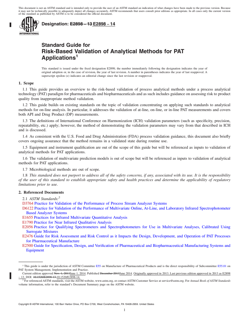 REDLINE ASTM E2898-14 - Standard Guide for Risk-Based Validation of Analytical Methods for PAT Applications